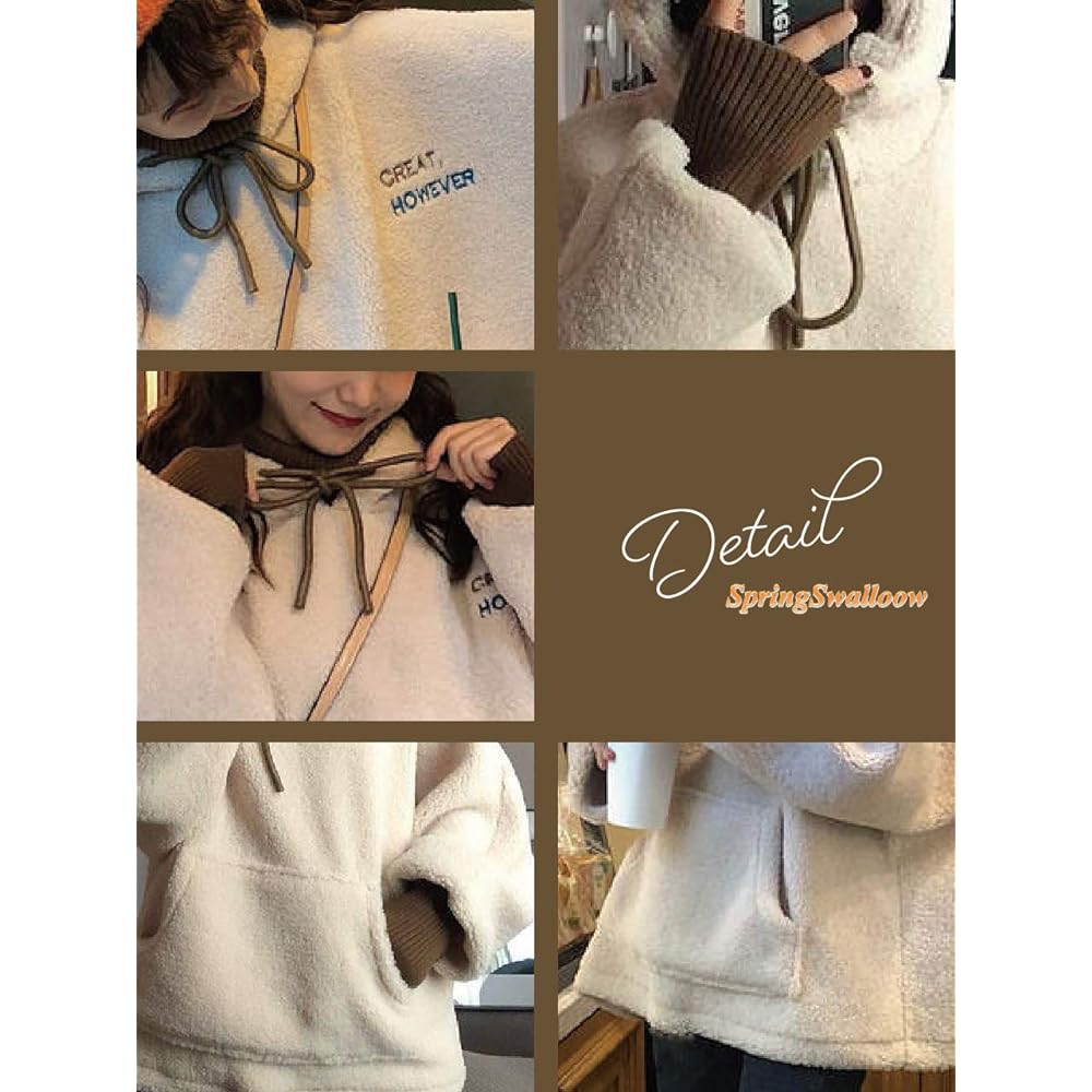 [SpringSwallow] Women's Pullover Loose Hooded Parka Fleece Warm Bottle Neck Cold Protection Sweatshirt