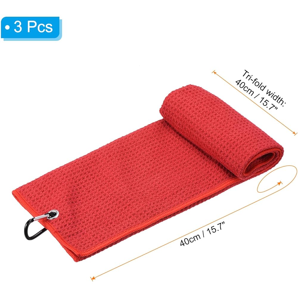 PATIKIL 40 x 40 cm Tri-Fold Golf Towel 3 Pieces Waffle Pattern Towel Soft Fiber Strong Water Absorption with D Clip for Golf Enthusiasts Red