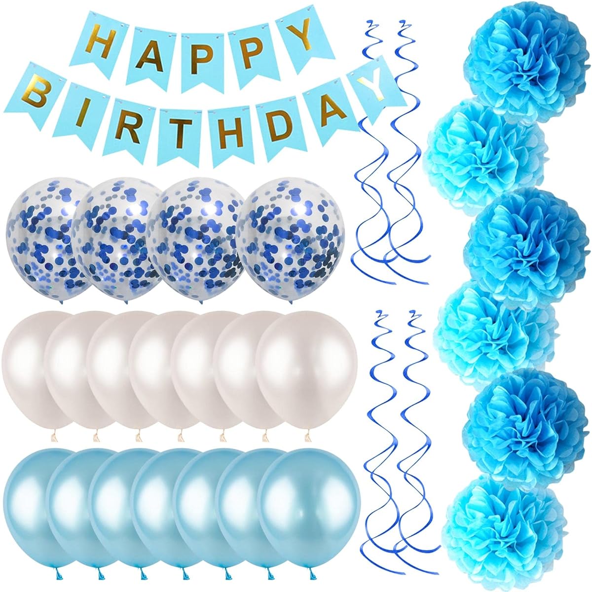 Blue White Birthday Party Decorations Kit - Happy Birthday Banner, Spiral Charms, Paper Flower Balls, Latex Balloons, Confetti Balloons, Boy's Birthday Party Supplies