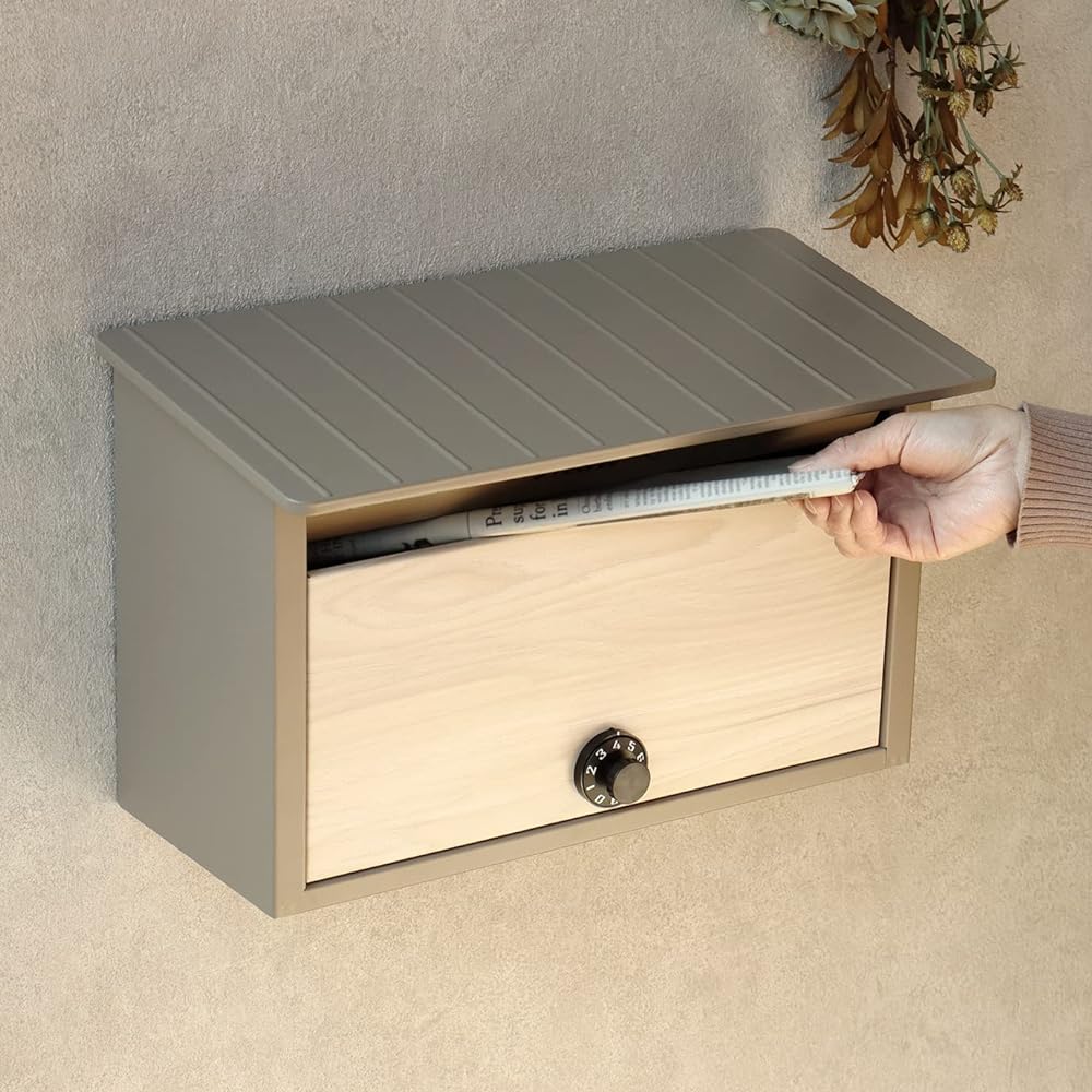 MOJYU Wall Hanging Post Lia Milk Tea Beige/White Wood Grain WM-102 Post Mail Box Stylish Mailbox Delivery Box Scandinavian Style with Lock Wall Hanging Entrance Home Use