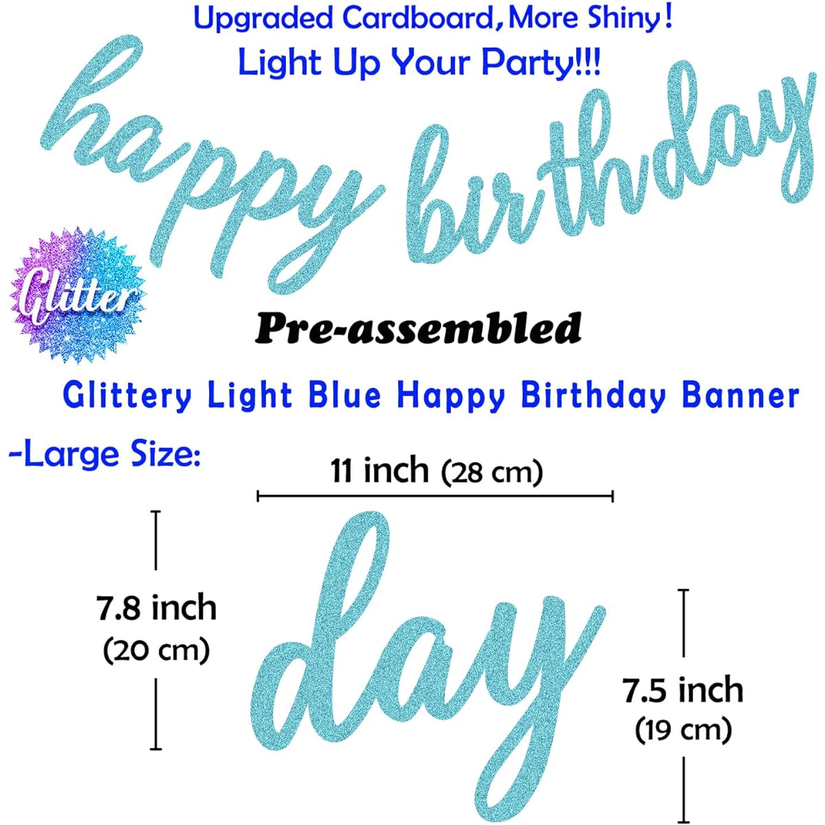 Aonor Blue Happy Birthday Decorations - Sparkly Blue Happy Birthday Banner Sign Pom Pom Flowers Glitter Circle Dot Garland Hanging Swirls Blue Birthday Party Decoration Supplies