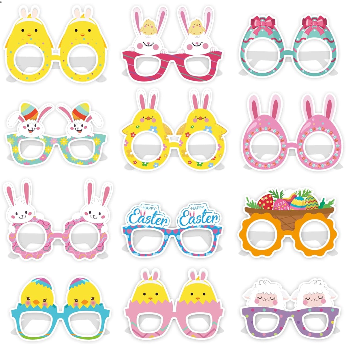 OBUSATT Easter Glasses, 36 Pieces Paper Easter Egg Bunny Ear Glasses for Kids, Happy Easter Photo Booth Props, Glasses Supplies for Easter Party Decorations Favors