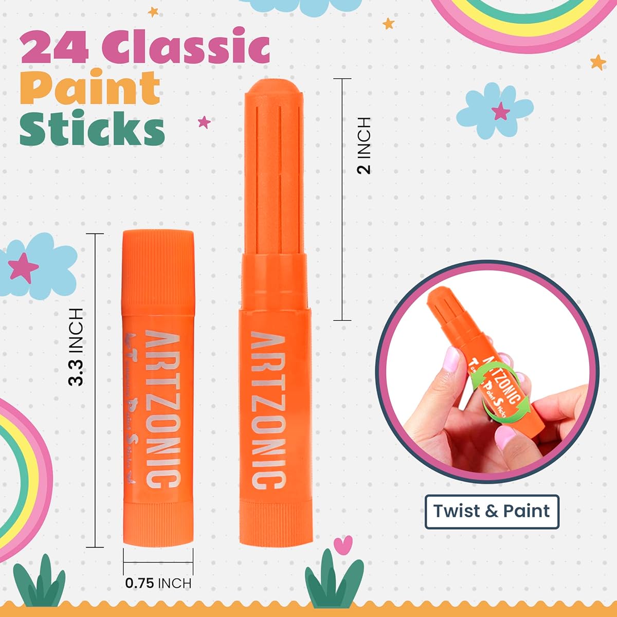 Tempera Paint Sticks 24 Colors for Kids Washable - Quick Dry Solid Tempera Paint Sticks with Ergonomic Granular Grip and Clear Nib - Perfect for Beginners and Pros