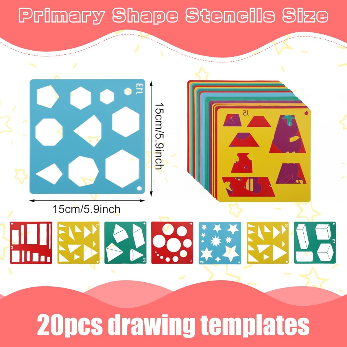 Drawing Stencils for Kids Geometric Patterns 5 Colors Simple Stencils for Painting Cute Pattern Design Drawing Template Set for Kids DIY Crafts 20 Pieces