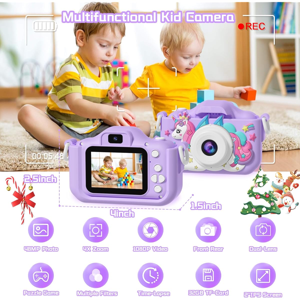 Anesky Kids Camera, Toy Camera for Kids Aged 3 4 5 6 7 8 9 10 11 12, 1080P HD Toddler Digital Video Camera, Children's Camera for Boys and Girls, Perfect Christmas & Birthday Gifts, 32GB Card - Purple