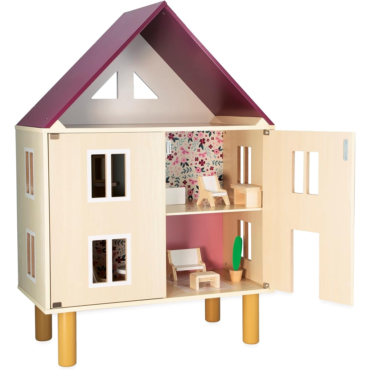 Janod - Twisted Wooden Dollhouse - 11 Wooden Accessories - Doll Furniture - Magnetic Door - FSC Wooden Toy - Ages 3+ J06617