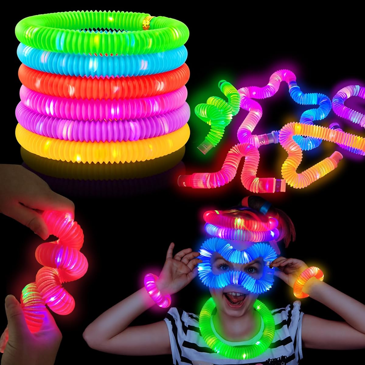 Kannove Pop Tubes Sensory Fidget Fine Motor Skill Toy (6 LED Pop Tubes)