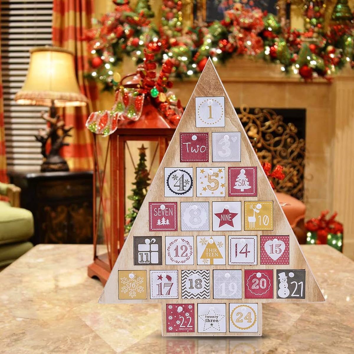Juegoal Countdown Christmas Calendar 2021 Natural Wooden Tree Shape Advent Calendar with 24 Storage Drawers for Kids, 15" Tall