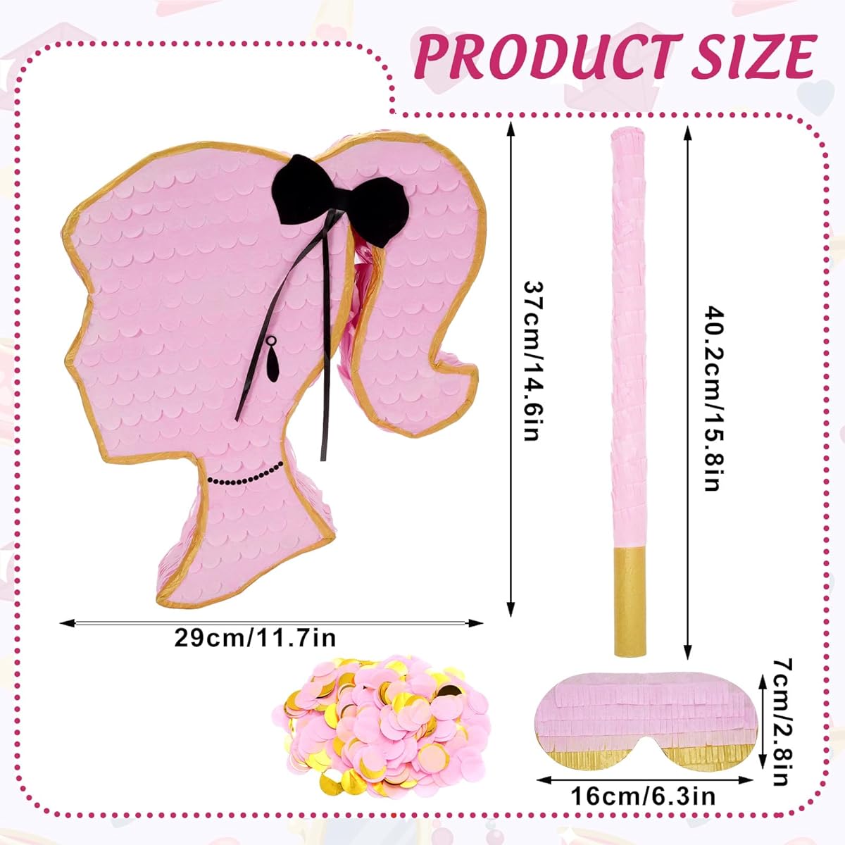 Whaline Girl Princess Pinata Set with Stick, Blindfold, Confetti, Pink Girl Profile Pinata for Birthday, Baby Shower, Party Games and Decorations