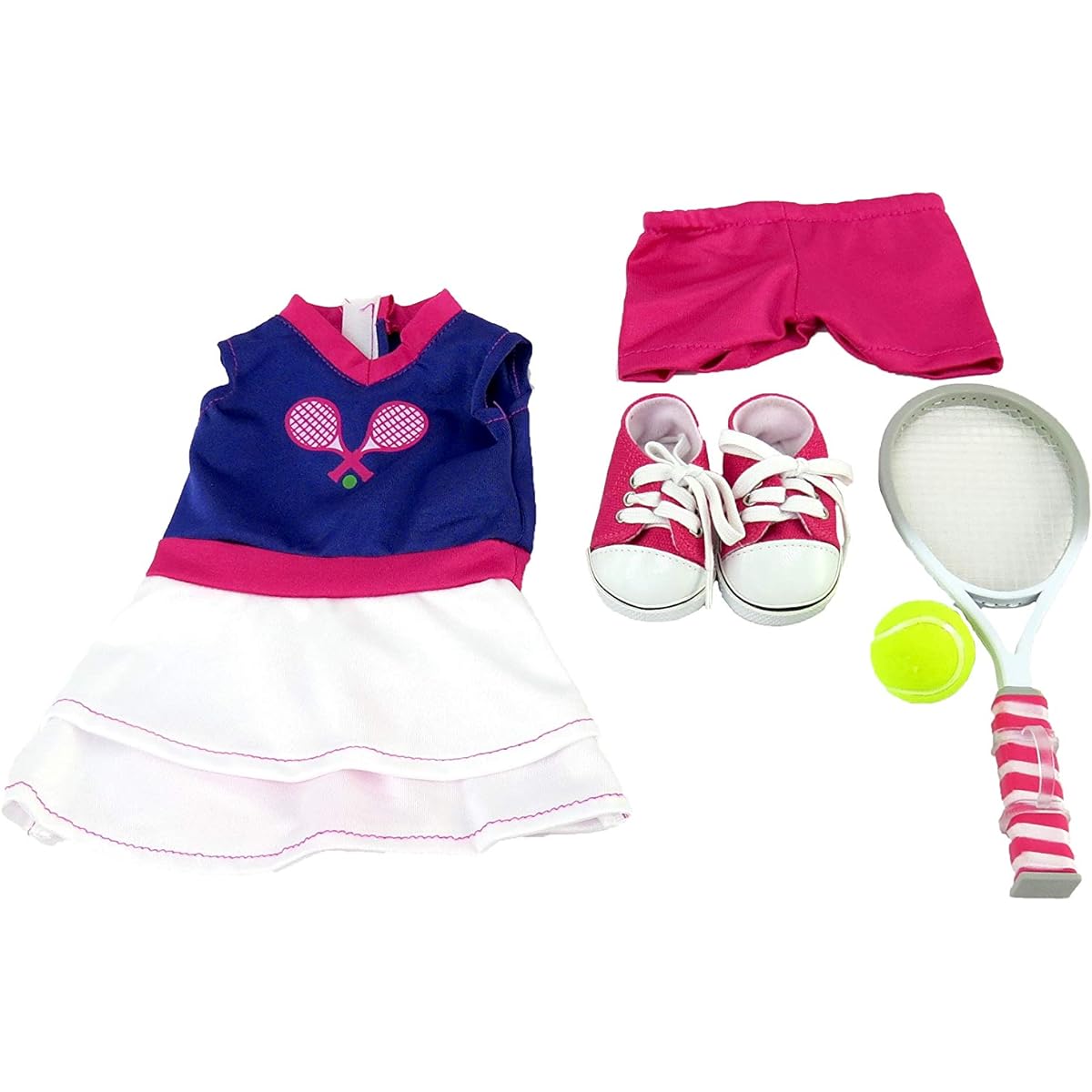 Purple & White Tennis Outfit Includes Shorts,Tennis Racket,Shoes, & Tennis Ball- Fits 46cm American Girl Dolls, Madame Alexander, Our Generation, etc. - 46cm Doll Clothes - Doll Not Included