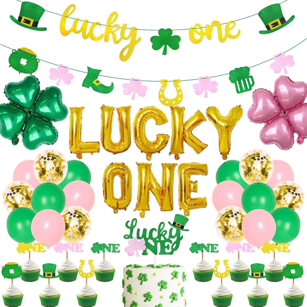 RenbangUS St. Patrick's Day First Birthday Party Decorations, Glitter Lucky One Shamrock Garland Banner Cupcake Toppers Lucky One Four Leaf Clover Foil Balloons Shamrock Irish Lucky 1st Birthday Party Supplies