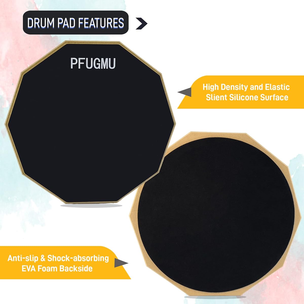 PFUGMU Practice Drum Pad Stand Kit, 11" Silicone Silent Drum Pad with Adjustable Snare Drum Stand, 5A Drumsticks & Carry Bag, Black
