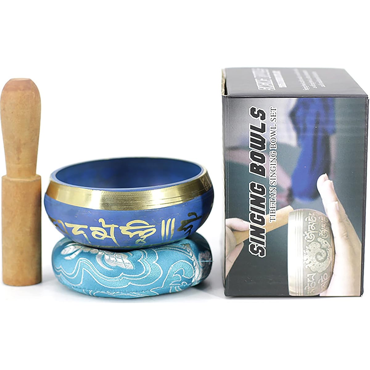 Tibetan Singing Bowl with Wooden Stick and Cushion, Resonant Sound, Easy to Play Buddhist Tibetan Bowl Set for Yoga, Meditation, Chakra Therapy, etc. /69 (Color: Blue, Size: 8.5cm)
