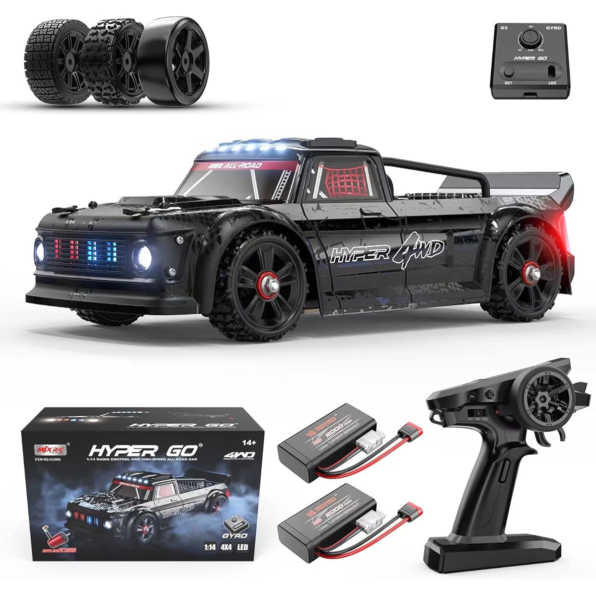 HYPER GO 14301 1/14 RTR Brushless RC Drift Car with Gyro Up to 34mph High Speed RC Car for Adults 4x4 All Road Street Bus RC Truck Electric 4WD Remote Control Car for Drift Rally Black