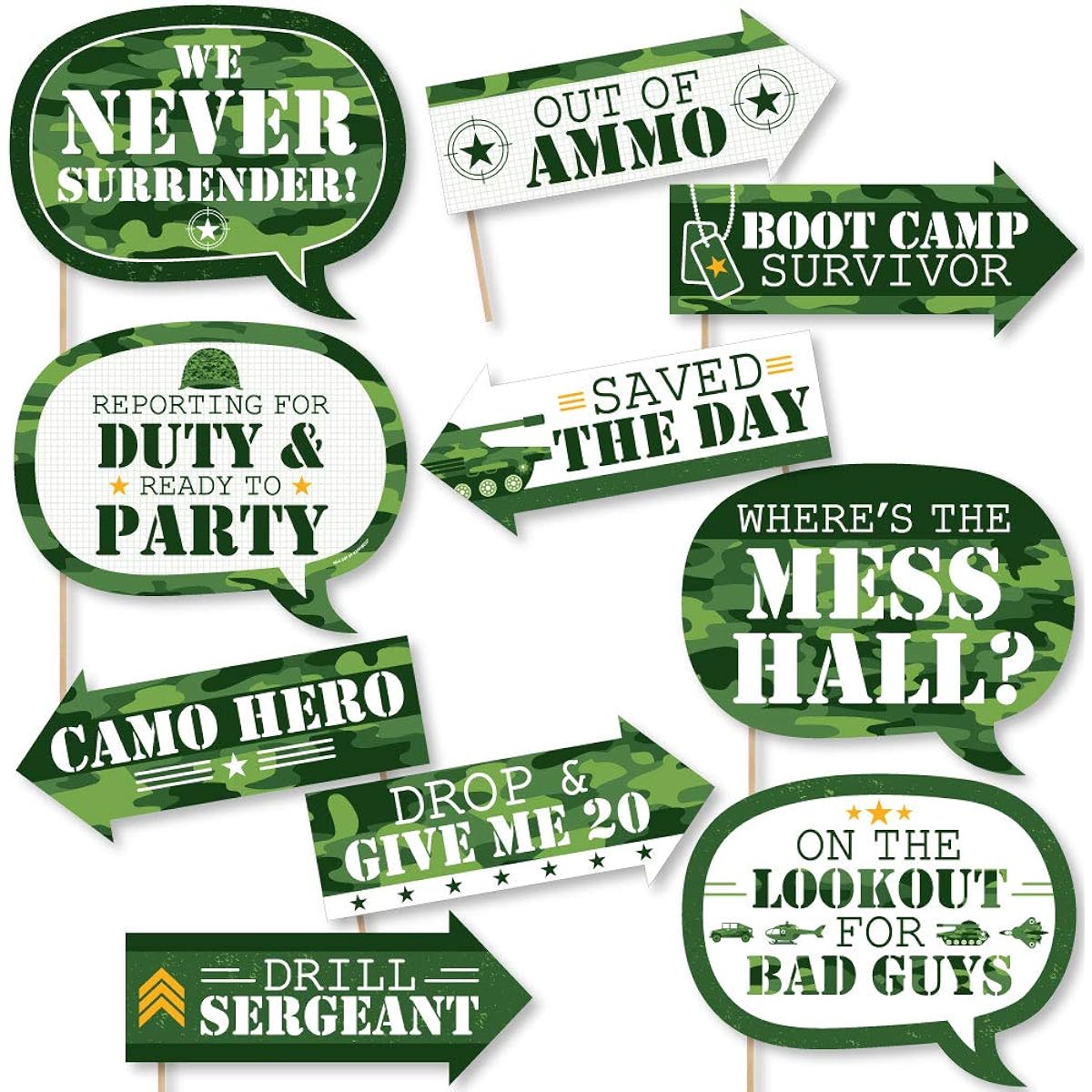 Funny Camouflage Heroes - Army Camo Party Photo Booth Props Kit - 10 Pieces
