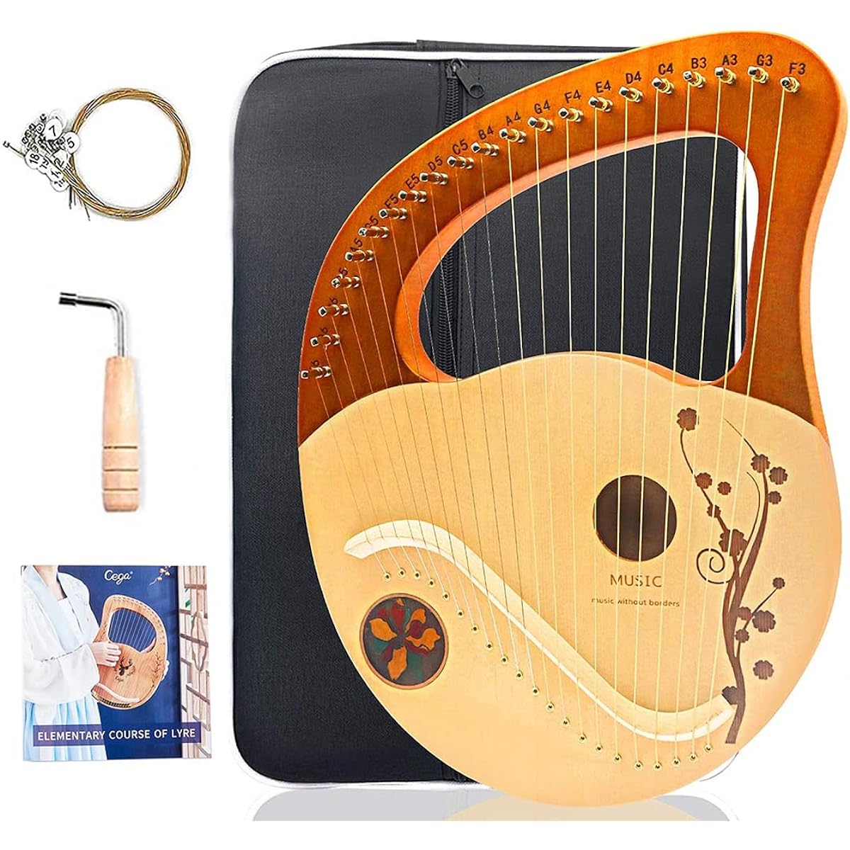 WowZza Lyre Harp, 21 Metal String Instrument with Tuning Wrench, Extra 1 Set Strings and Carrying Bag, String Instrument for Beginner Music Lovers