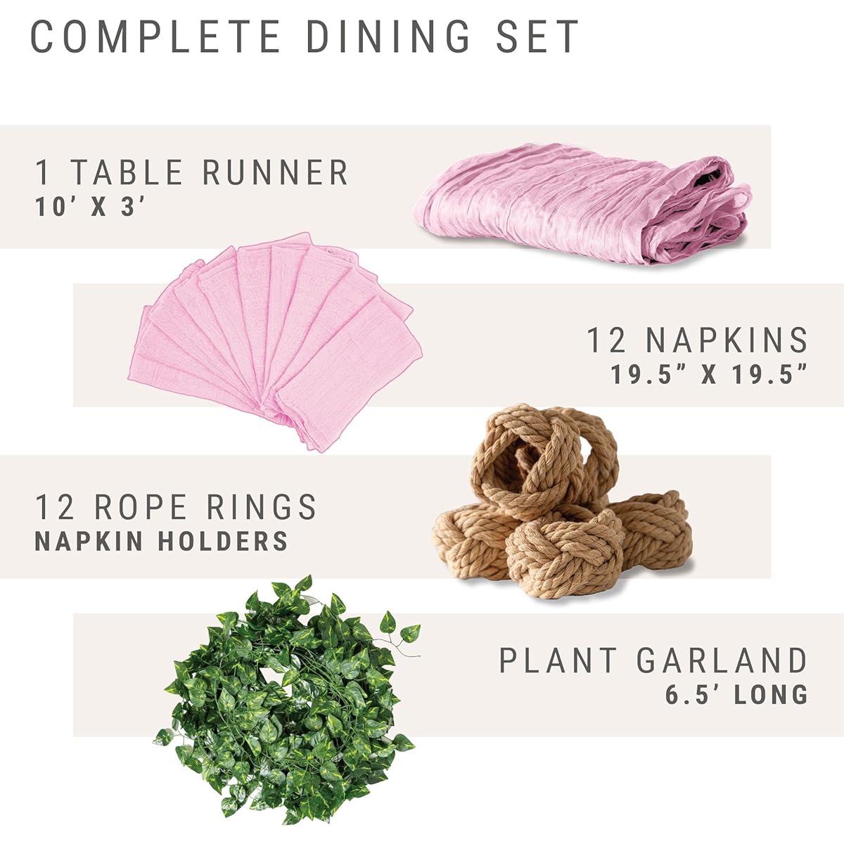 Cheesecloth Table Runner Set - Pink Boho/Rustic Style - 118 x 35 inches Runner with 12 Napkins & Rope Rings and Garland - Perfect for Weddings, Baby & Bridal Showers, Table Decor - Heath & Stone