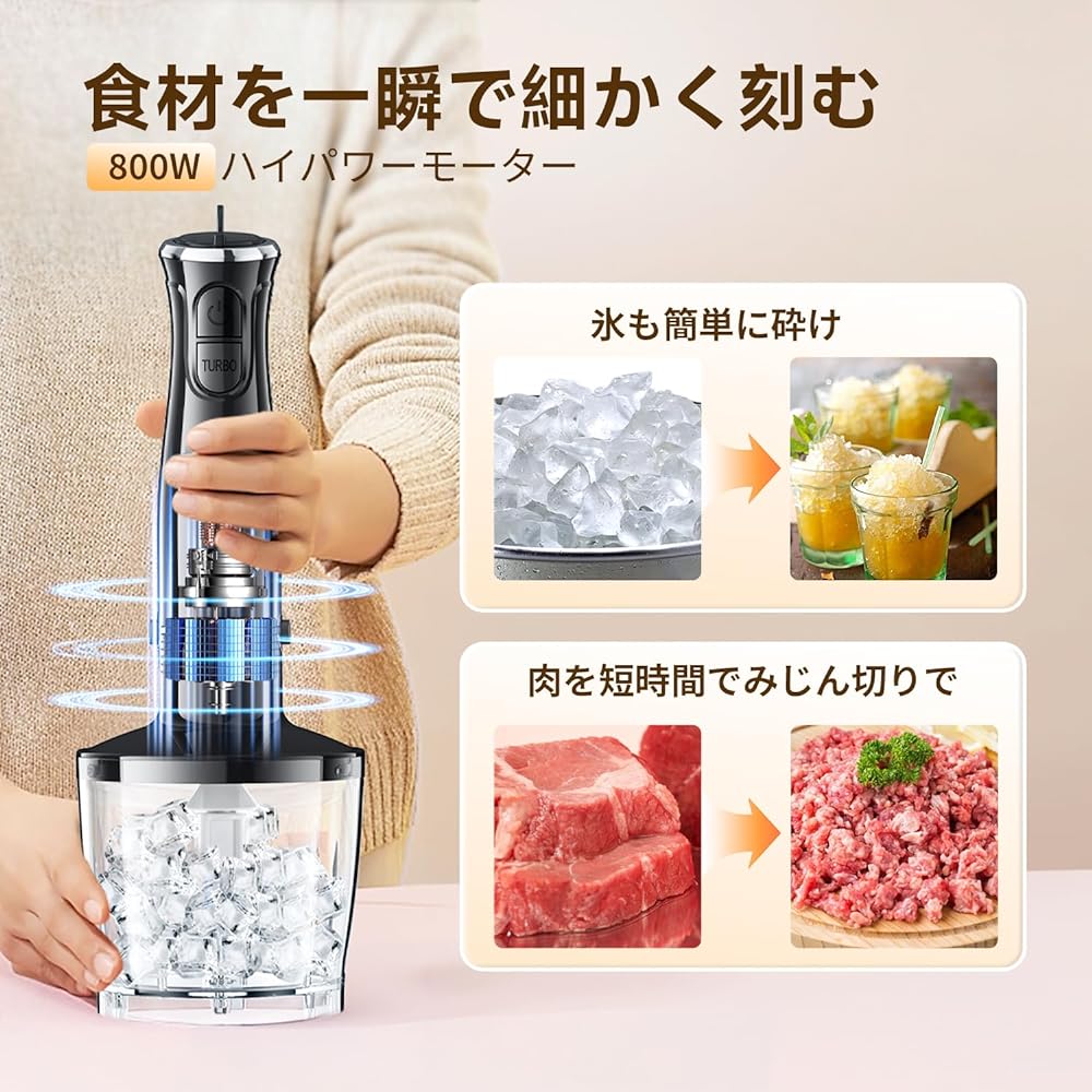 Turelar Hand Blender Multi-Stick Blender 800W Baby Food Can Crush Ice Food Processor Whisk Electric Slim Compact Food Mixer Handy Mixer Attachment 5 Roles Black