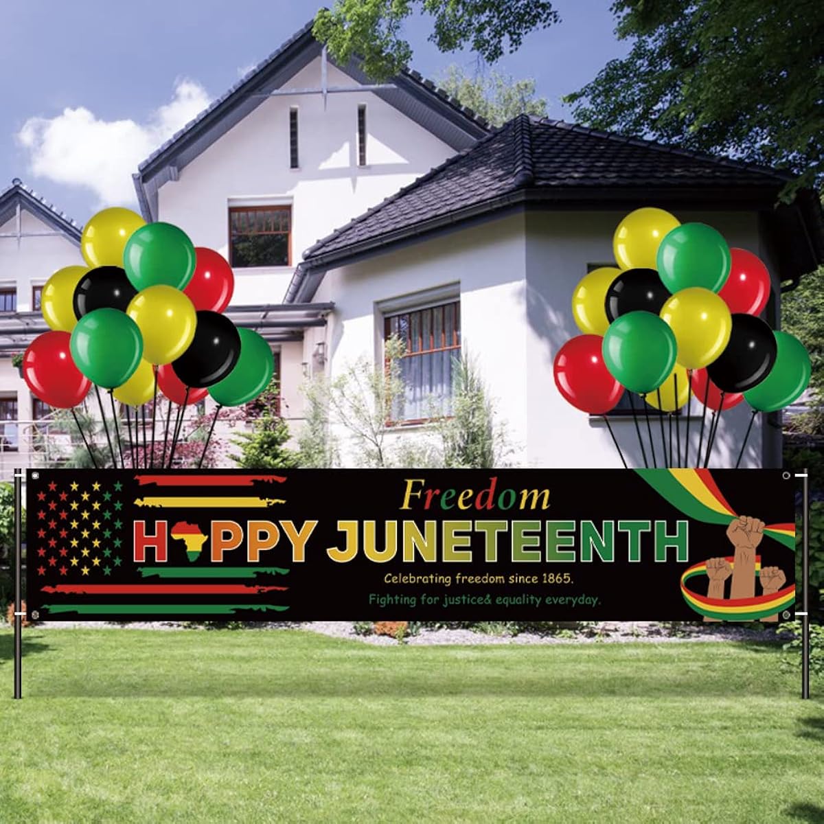 CAMIRUS 42 Pieces Happy Juneteenth Decor, Large June Banner with 40 Latex Balloons and Ribbons, June Yard Signs, African Afro American Porch Decor, Outdoor Party Supplies