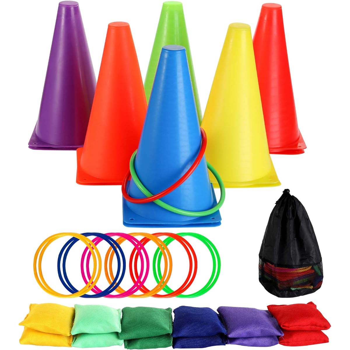 Faswin 37 Pieces 3-in-1 Carnival Outdoor Game Combo Set Plastic Corn Cornhole Bean Bag Ring Toss Game Kids Birthday Party Outdoor Game Supplies Kids Obstacle Course Set