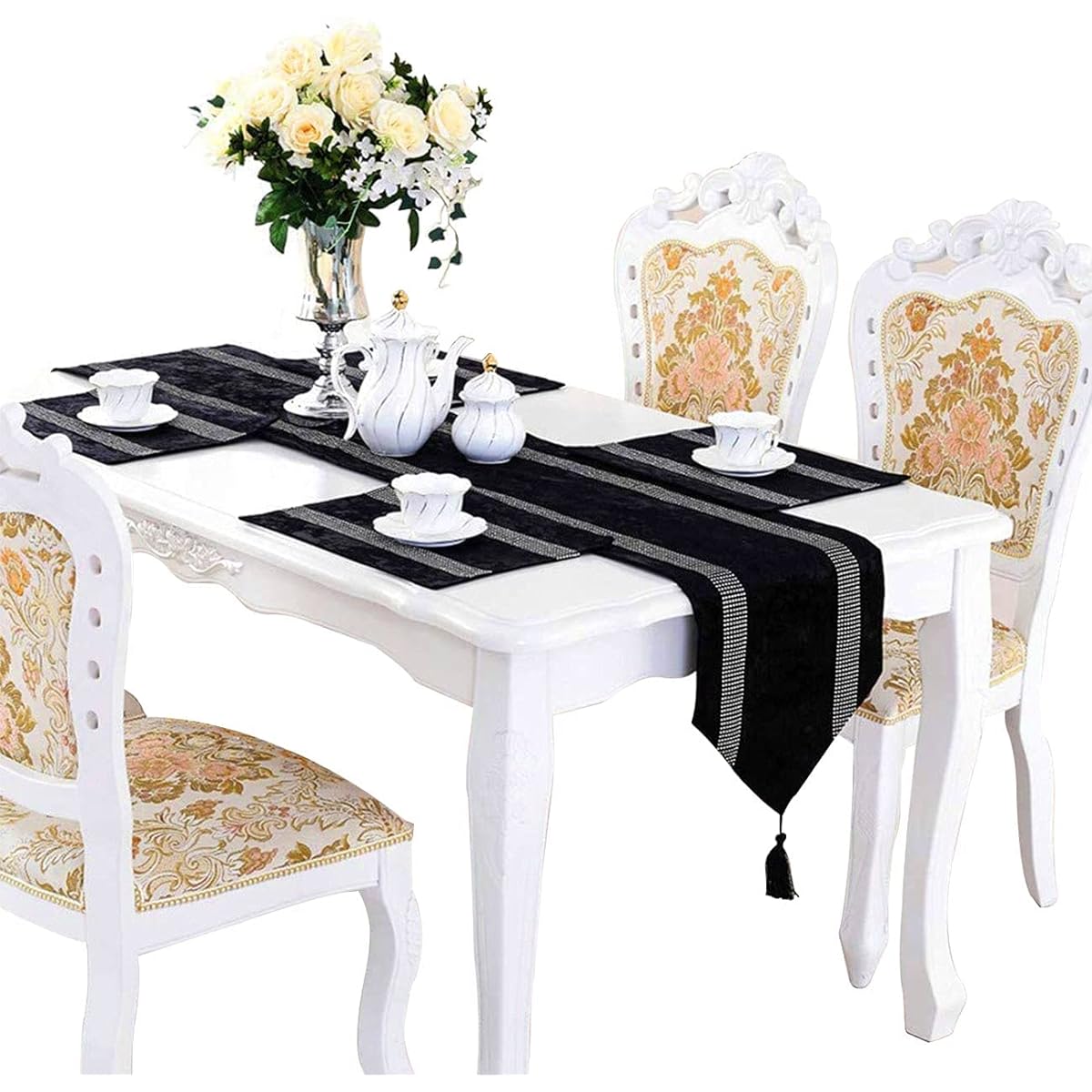 Jiino Rhinestone Table Runner with Tassel Sequin Strip Modern Simple Stylish Wedding Decoration 13x84 Inch Black