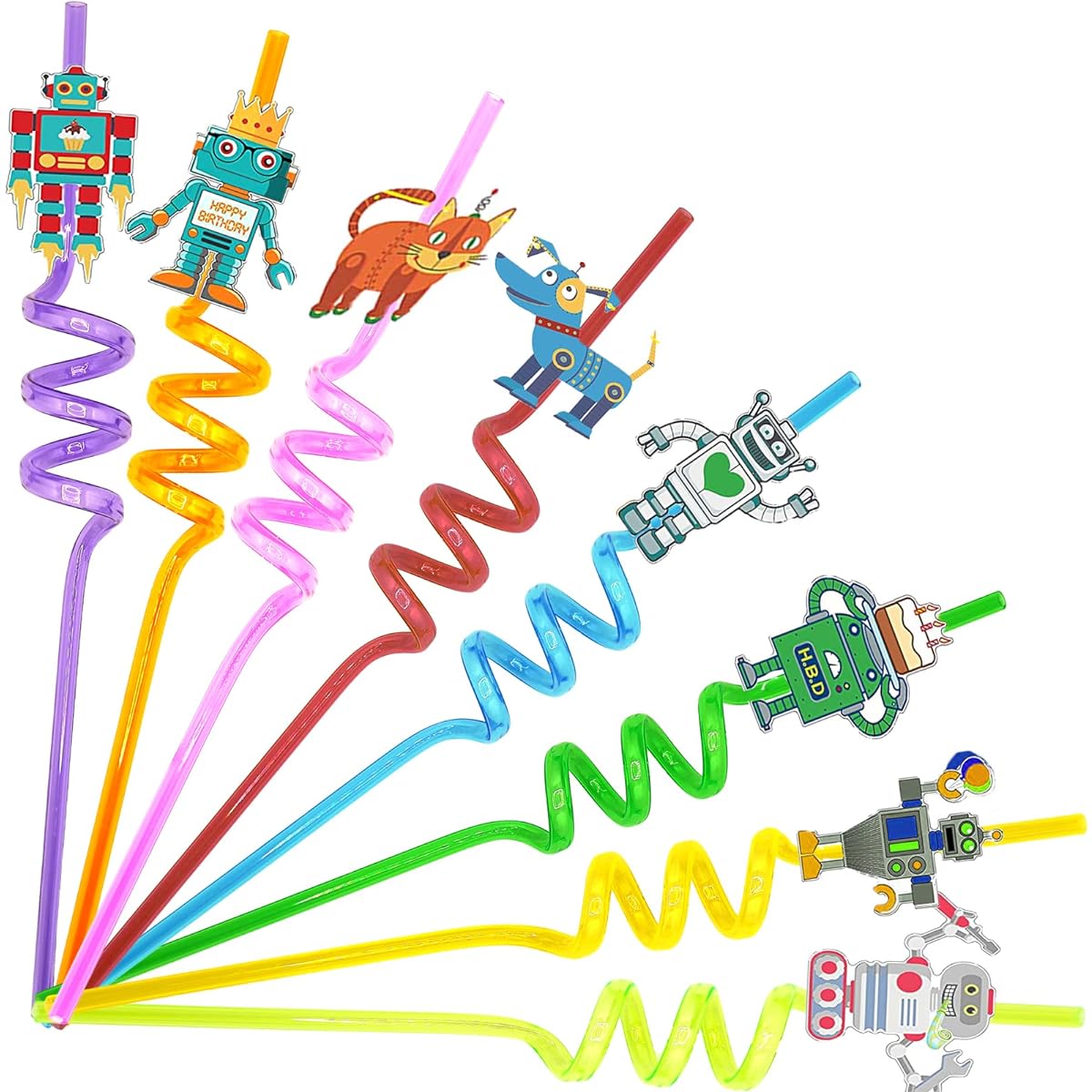 24 robot-themed straws and 2 brushes. Perfect for birthday decorations, reusable straws, and party favors for boys and girls.