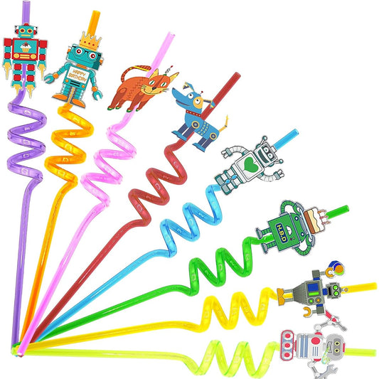 24 robot-themed straws and 2 brushes. Perfect for birthday decorations, reusable straws, and party favors for boys and girls.