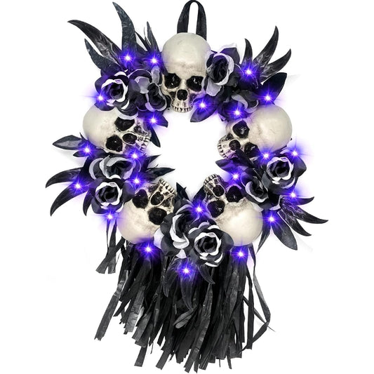 TURNMEON 16 Inch Pre-Light Halloween Wreath for Front Door Halloween Decoration with 20 LEDs Purple Light Skull Skeleton Black Feather Rose Battery Operated Halloween Decoration for Outdoor Indoor Home Party