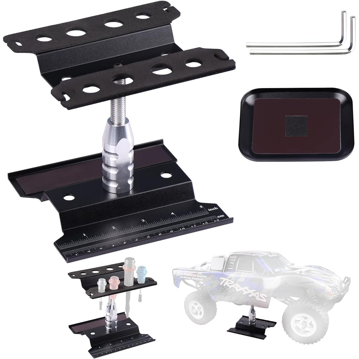 AIMOROCK RC Car Work Stand Hobby Workstation with Screw Tray Repair Tool Kit for 1/10 1/12 Losi RC Drift Crawler Truck Buggy Car (Black)