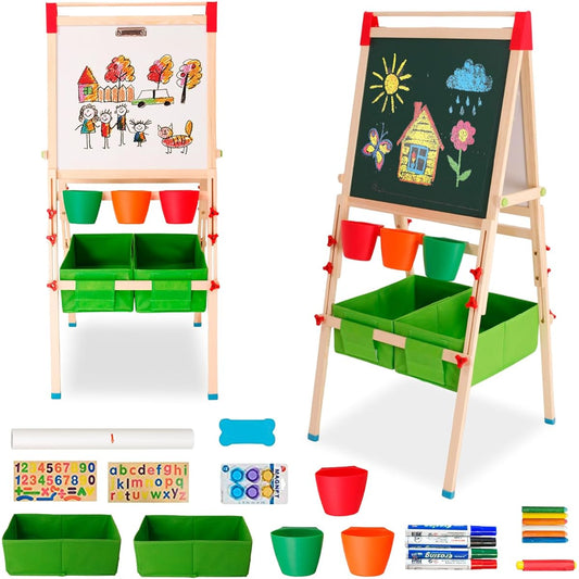 Maycoly Kids Easel with Paper Roll Kids Easel Wooden Kids Art Easel Double Sided Standing Easel for Children Adjustable Height Preschool Art Easel for Ages 2-15 (Green)