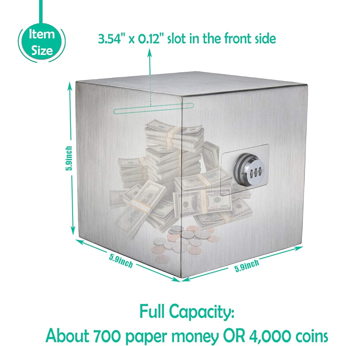 Piggy Bank Stainless Steel Maximum Safety Box Password Savings for Kids 5.9in Silver