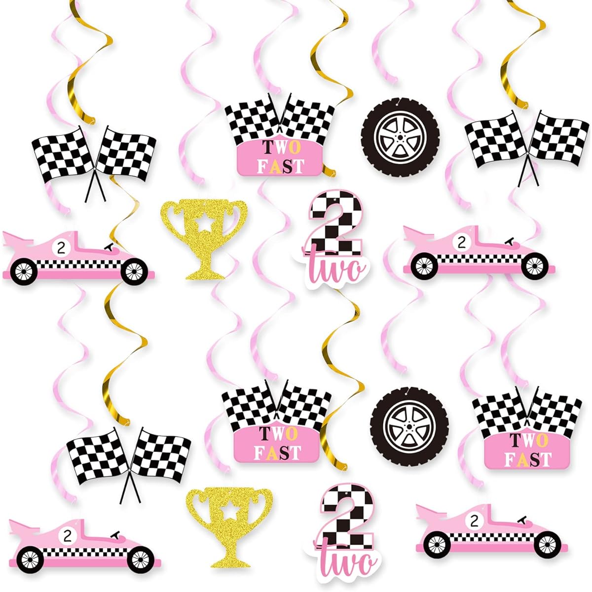 K KUMEED Pink Lace Car Hanging Swirls 2 Fast Party Decorations Checkerboard Party Supplies Lace 2 Fast Birthday Party Foil Ceiling 2nd Birthday Decorations for Girls