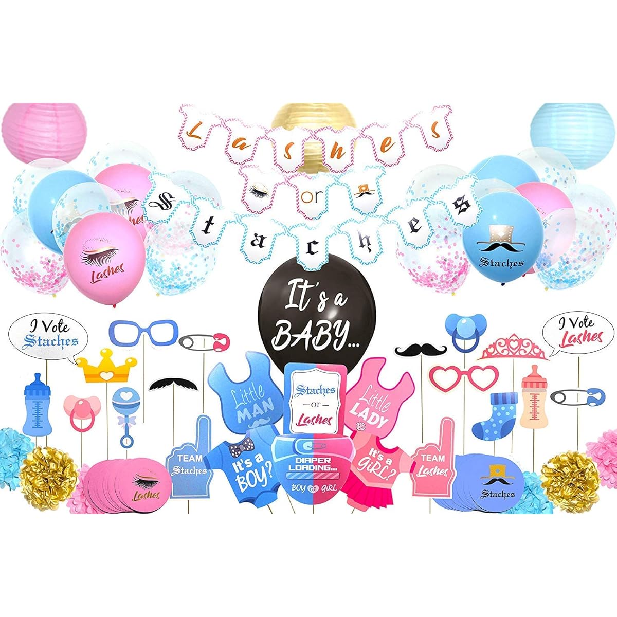 Bossy Baby Shower Decoration Set with Confetti Balloons, Stickers, Paper Lanterns and Pom Poms for Girls and Boys (110 Pieces)