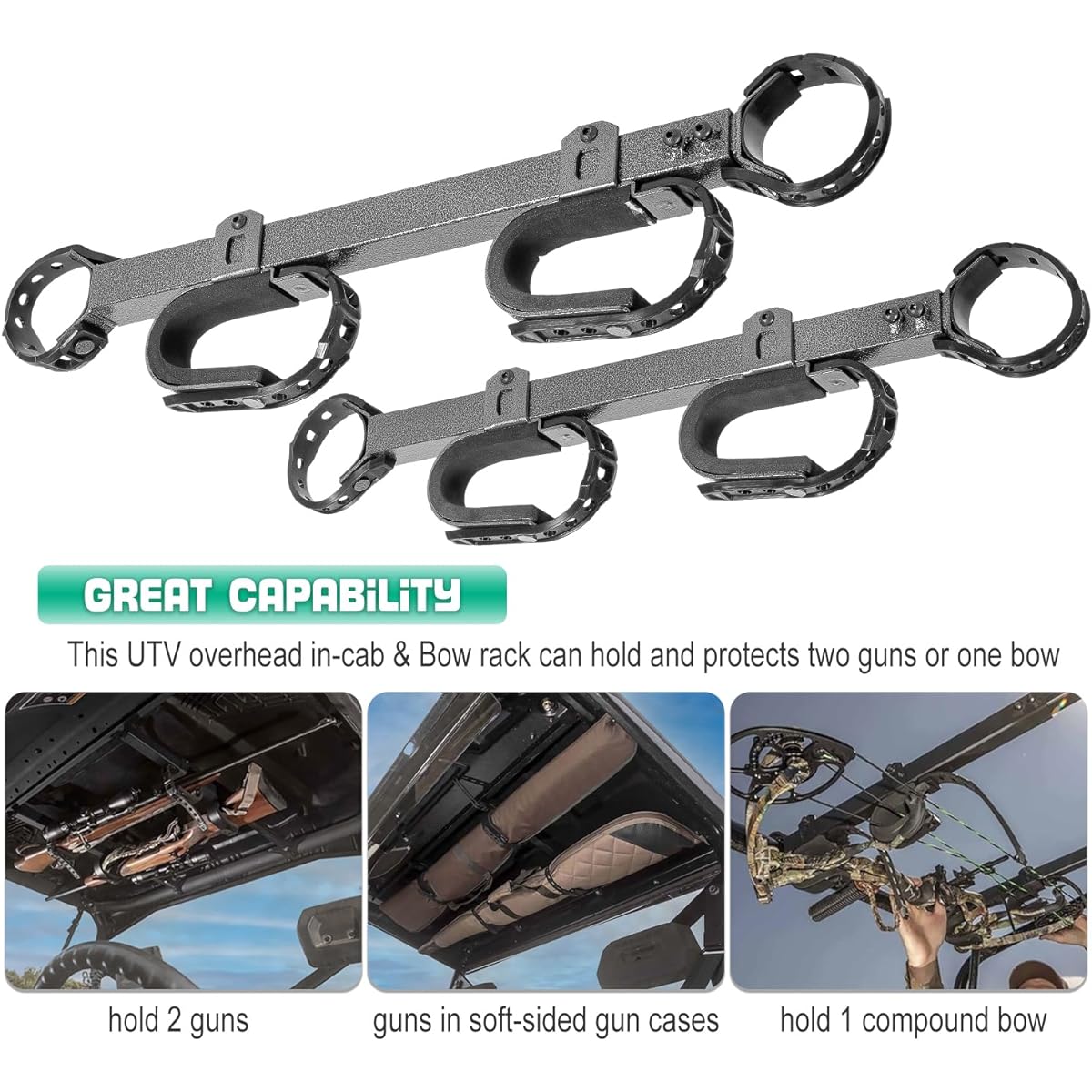 UTV Gun & Bow Rack Overhead-in-Cab Holder (20079) for 1.5-2" Roll Bar for Polaris RZR Ranger Yamaha Can Am Kawasaki Snowmobile Golf Carts, Pack of 2