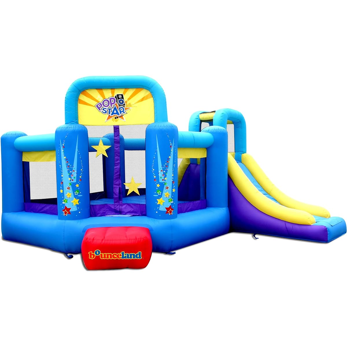 Bounceland Pop Star Inflatable Bounce House Bouncer (No Blower) Large Bounce Area Long Slide Climbing Wall Basketball Hoop 15' x 13' x 8' Pop Star Kids Party Theme