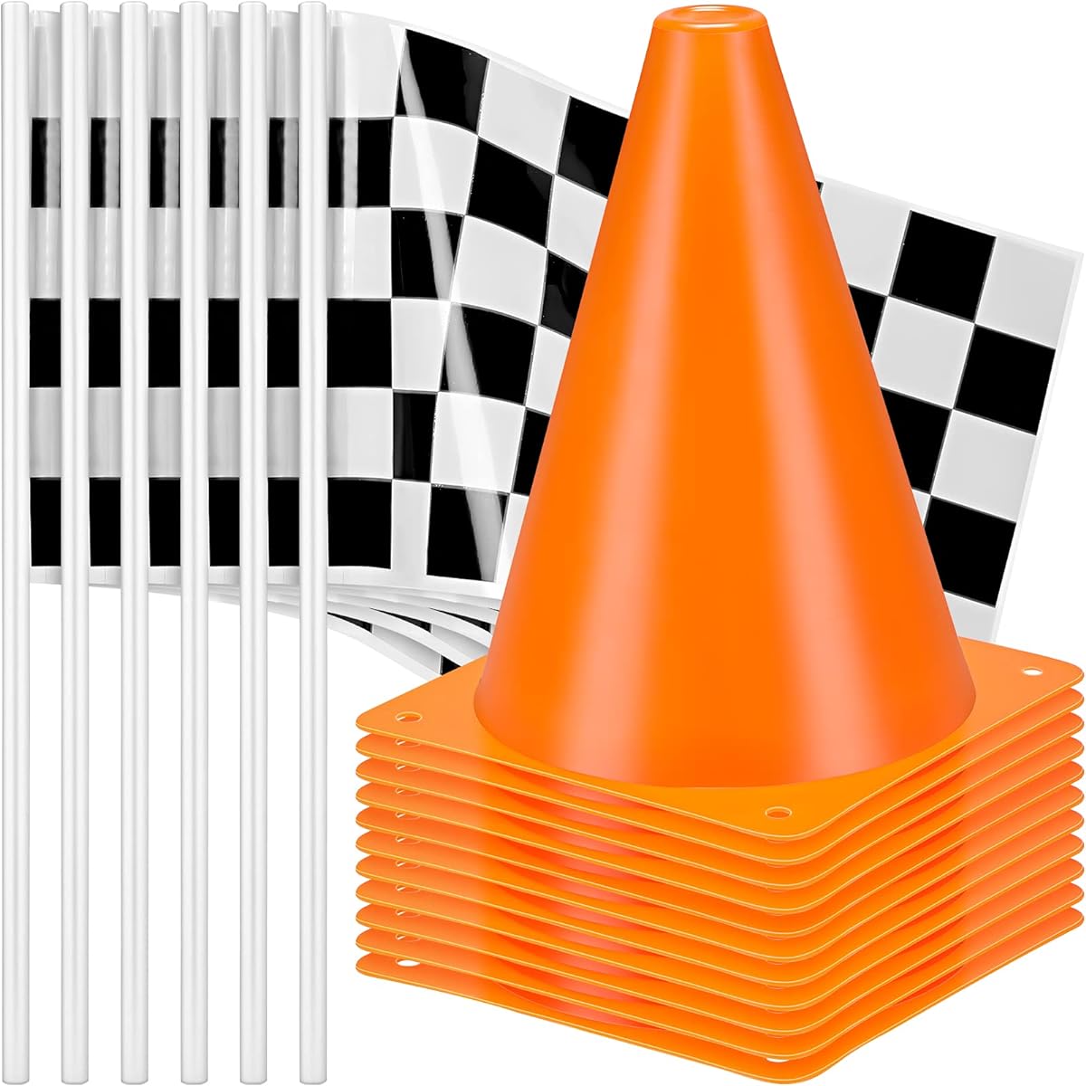 Datanly 48 Pieces 7" Plastic Traffic Cones Checkerboard Black and White Racing Stick Flag Set Orange Traffic Training Cones for Kids Indoor Outdoor Games Sporting Events Race Car Party