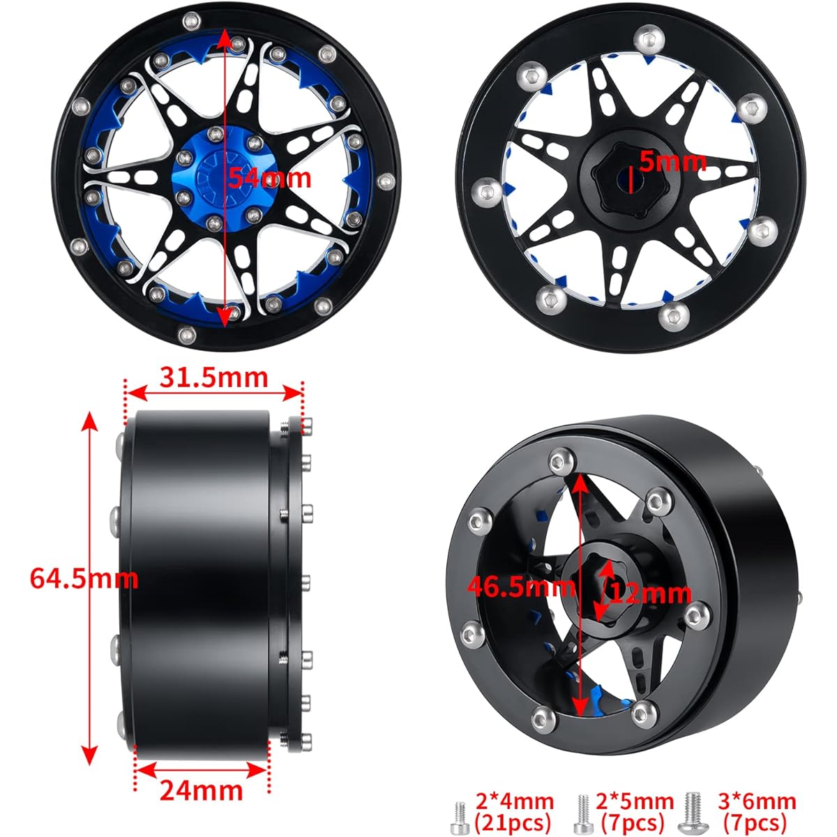 Que-T 2.2" Metal Beadlock Wheel Rim Set for RC 1/10 Crawler TRX4 SCX10 90046 4 Pack (Blue & Black)