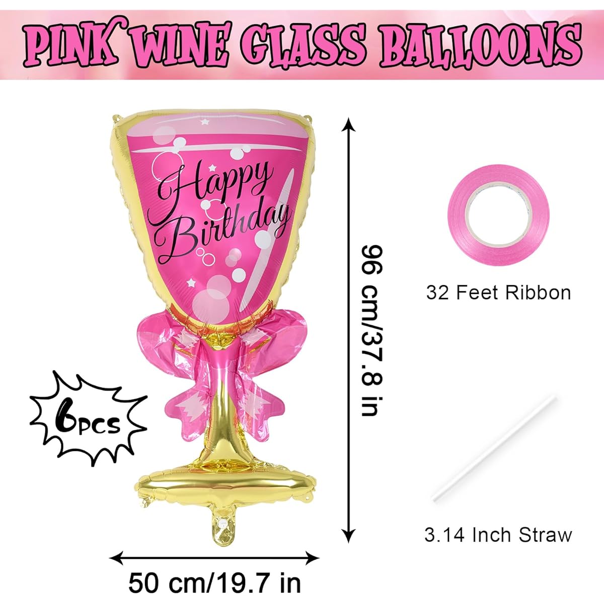 6pcs Wine Glass Balloons 38inch Pink Wine Glass Balloons for Graduation Wine Glass Foil Balloons Mylar Balloons Happy Birthday Wedding Anniversary Party Decorations