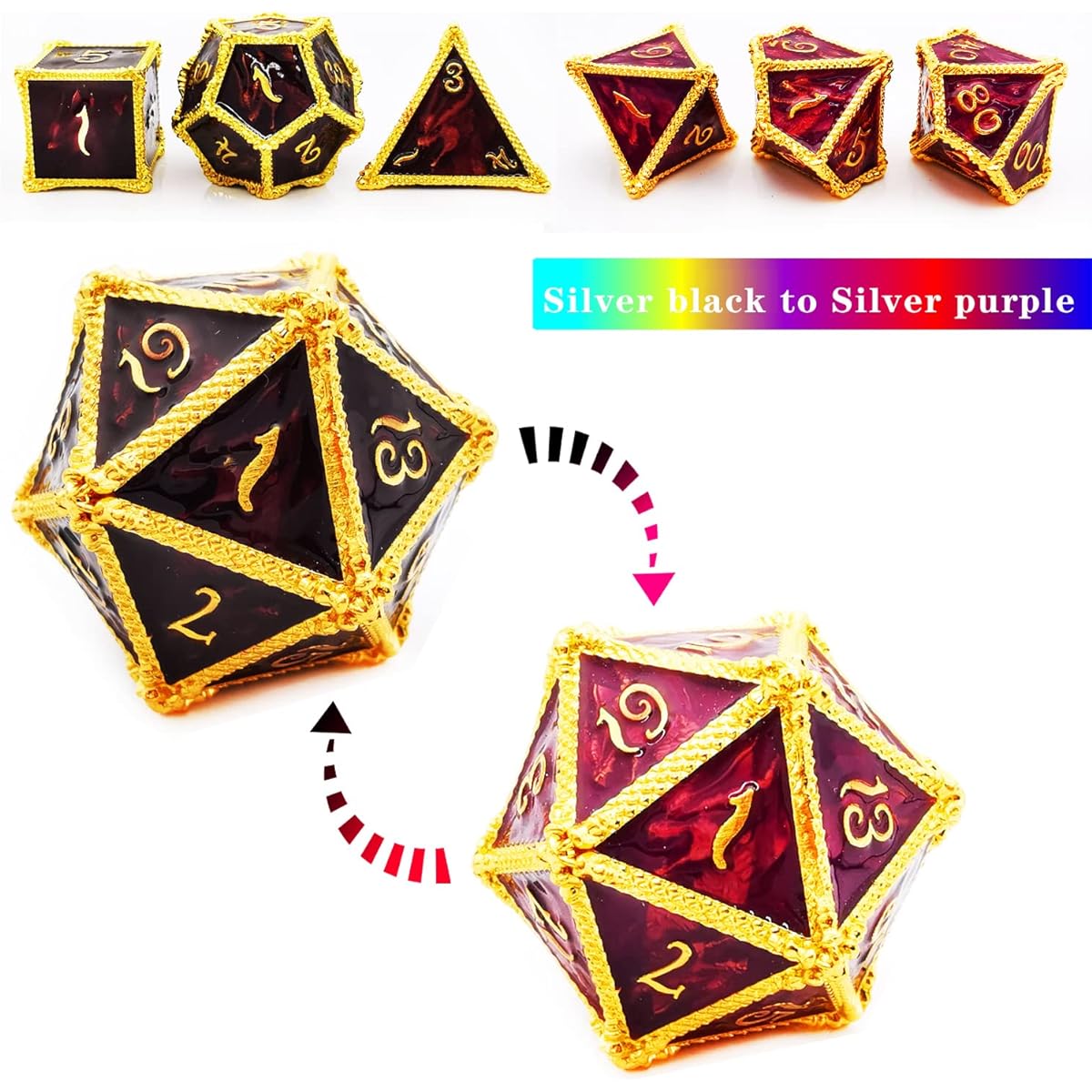 HAOMEJA Color Changing Dice Metal Dragon Dice DND Dice Set D&D Dice Set Role Playing Dice for Dungeons and Dragons (Black to Purple)