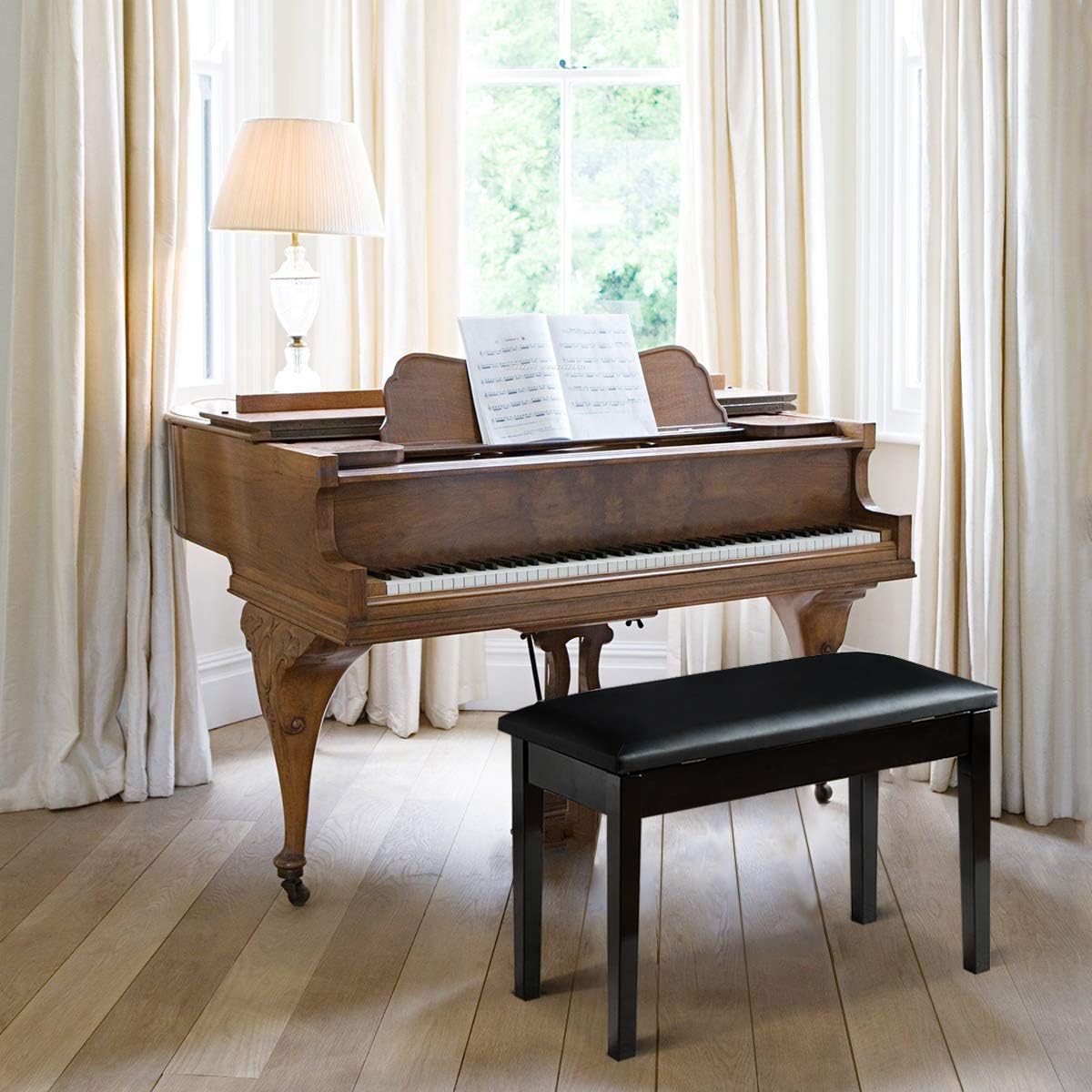 Giantex Piano Bench with Padded Cushion Music Storage Comfortable Double Duet Seat Wooden Legs Perfect for Professional or Home Use PU Leather Piano Stool (Black)
