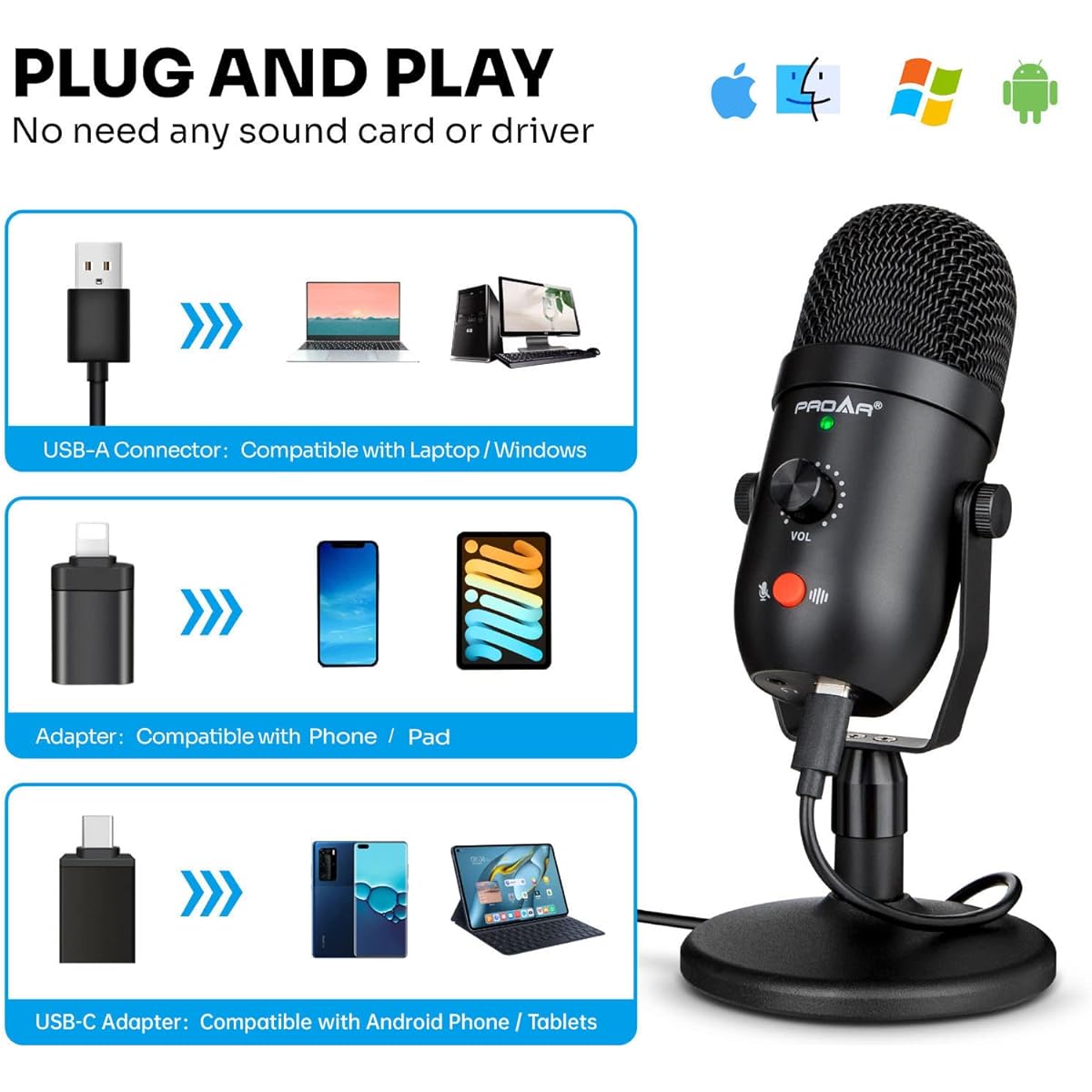 Podcast Microphone for Phone/Pad/PS4 Condenser Recording USB Microphone for Computer Metal PC Microphone for Gaming ASMR/YouTube Streaming Microphone Kit with Noise Cancellation for Laptop Mac or Windows