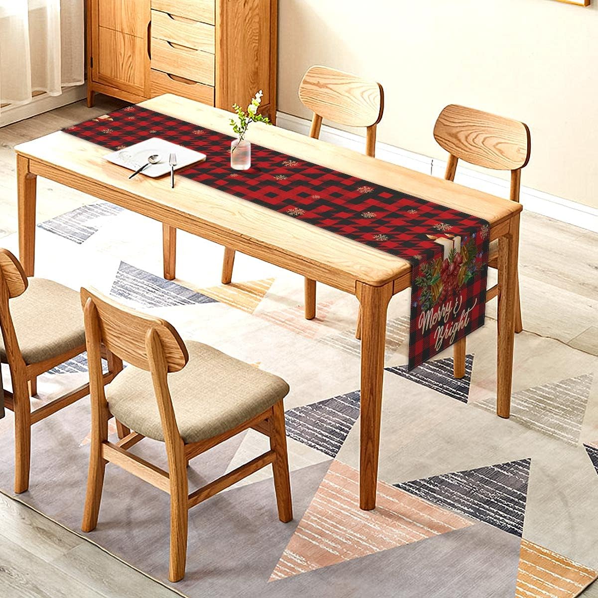 Christmas Red and Black Buffalo Check Plaid Table Runner Rustic Linen Winter Solstice Yule God July Decor for Home Kitchen Dining Room - 13 x 72 Inch