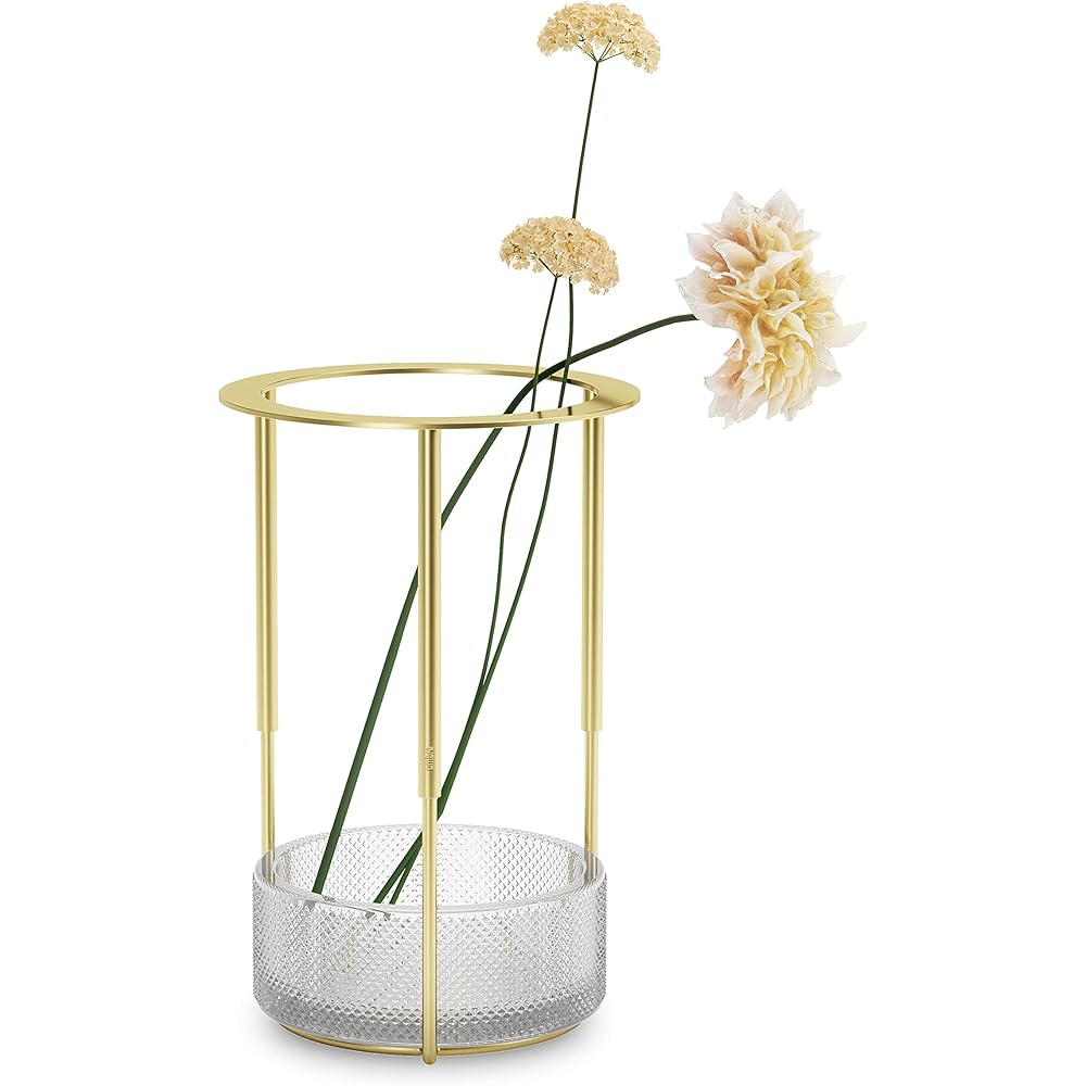 umbra Tesora Flower Base, Adjustable Vase, Flower Pot, Pot, Pen Holder, Vase, Extendable, Adjustable Plant, Base, Glass, Interior, Stylish, Gift, Present, Gold, Gold 21017036104 W15×D15×H16.5cm