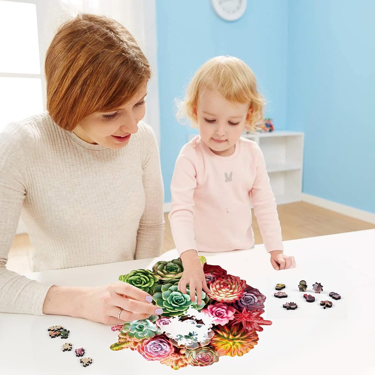 delobil Succulent Bouquet Wooden Puzzle for Adults 200 Piece Mandala Round Jigsaw Puzzle Medium Unique Shape Liberty Wood Puzzle Gift for Kids Family Game 11.3" x 10.5"