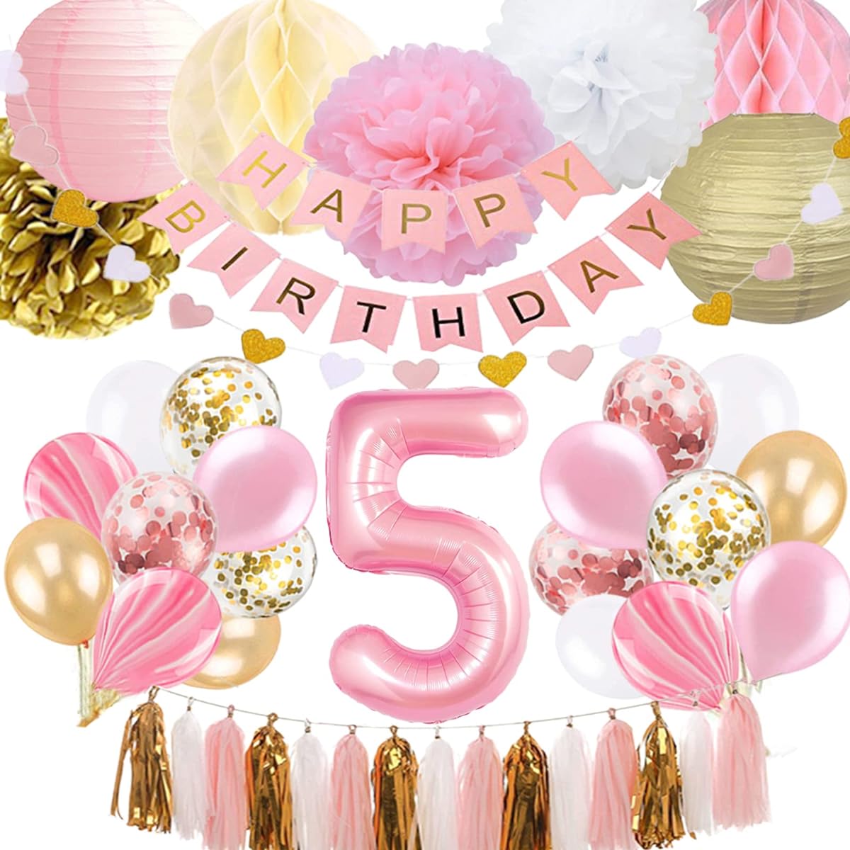 5th Birthday Girl Decorations 5th Birthday Decorations with Happy Birthday Banner Number 5 Balloons Pink and Gold Party Supplies Decorations 5th Birthday