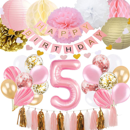 5th Birthday Girl Decorations 5th Birthday Decorations with Happy Birthday Banner Number 5 Balloons Pink and Gold Party Supplies Decorations 5th Birthday