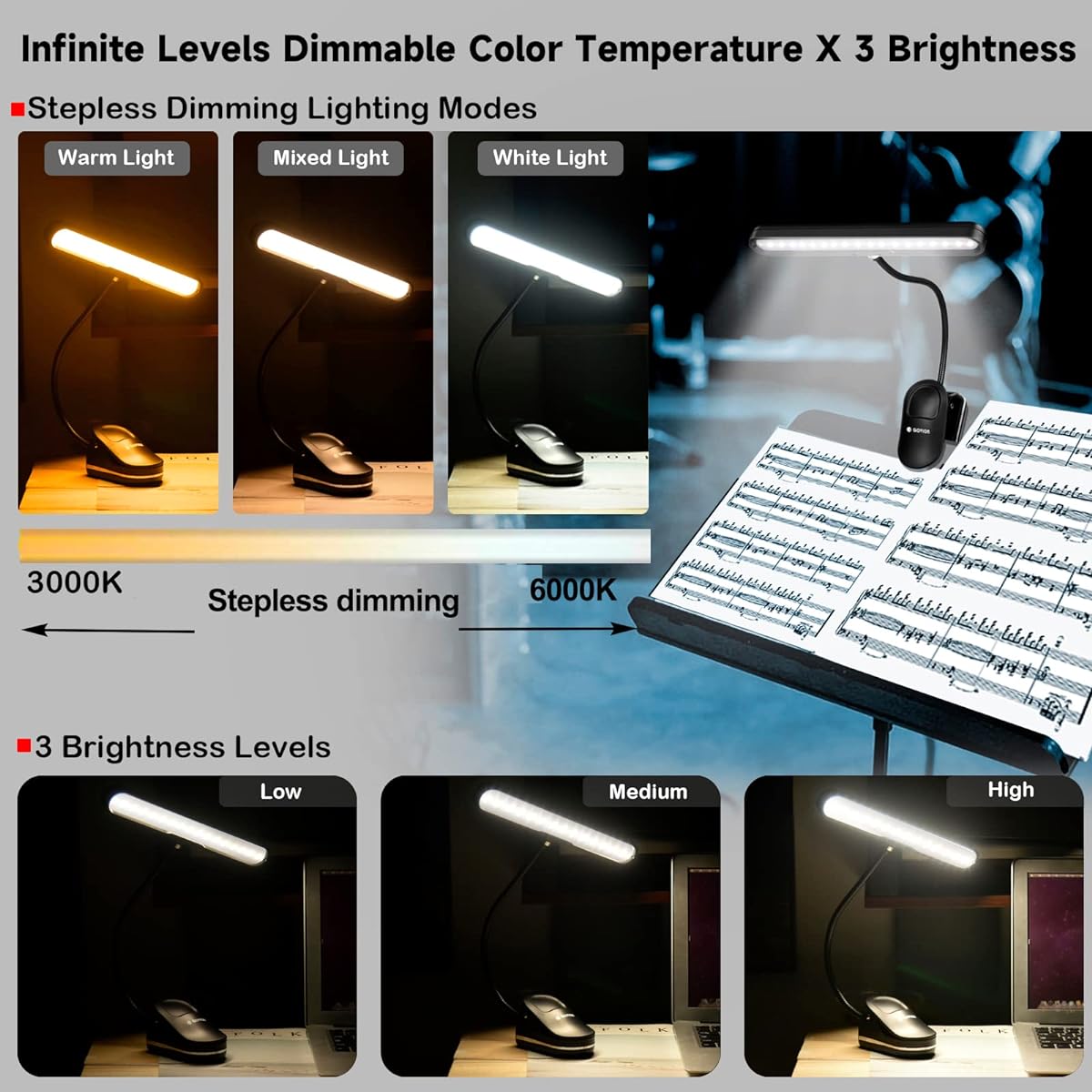 Glovion Music Stand Light Clip-on Piano Light 37 LED Book Light 3 Levels Brightness Stepless Dimmable Color Orchestra Light USB Rechargeable Perfect for Piano/Guitar/Orchestra/Reading/Sewing Crafts