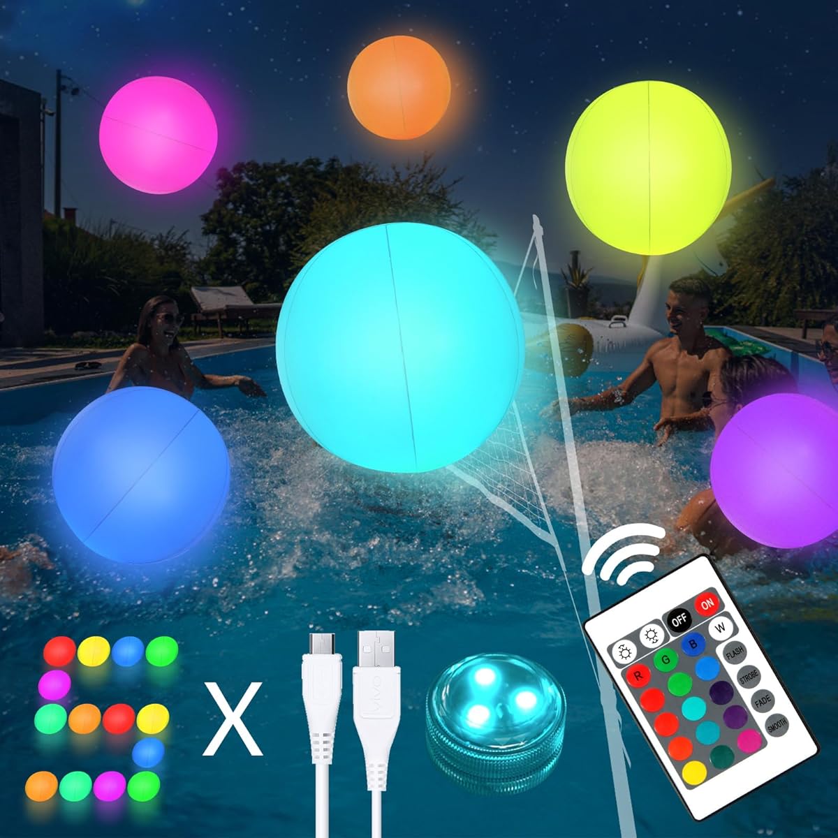 WEINNLY Ultimate Pool Game Set, 14" Rechargeable Beach Ball, 16 Colors, 4 Modes, Fun Pool Games for Adults and Family, Pool Toys, Set of 5