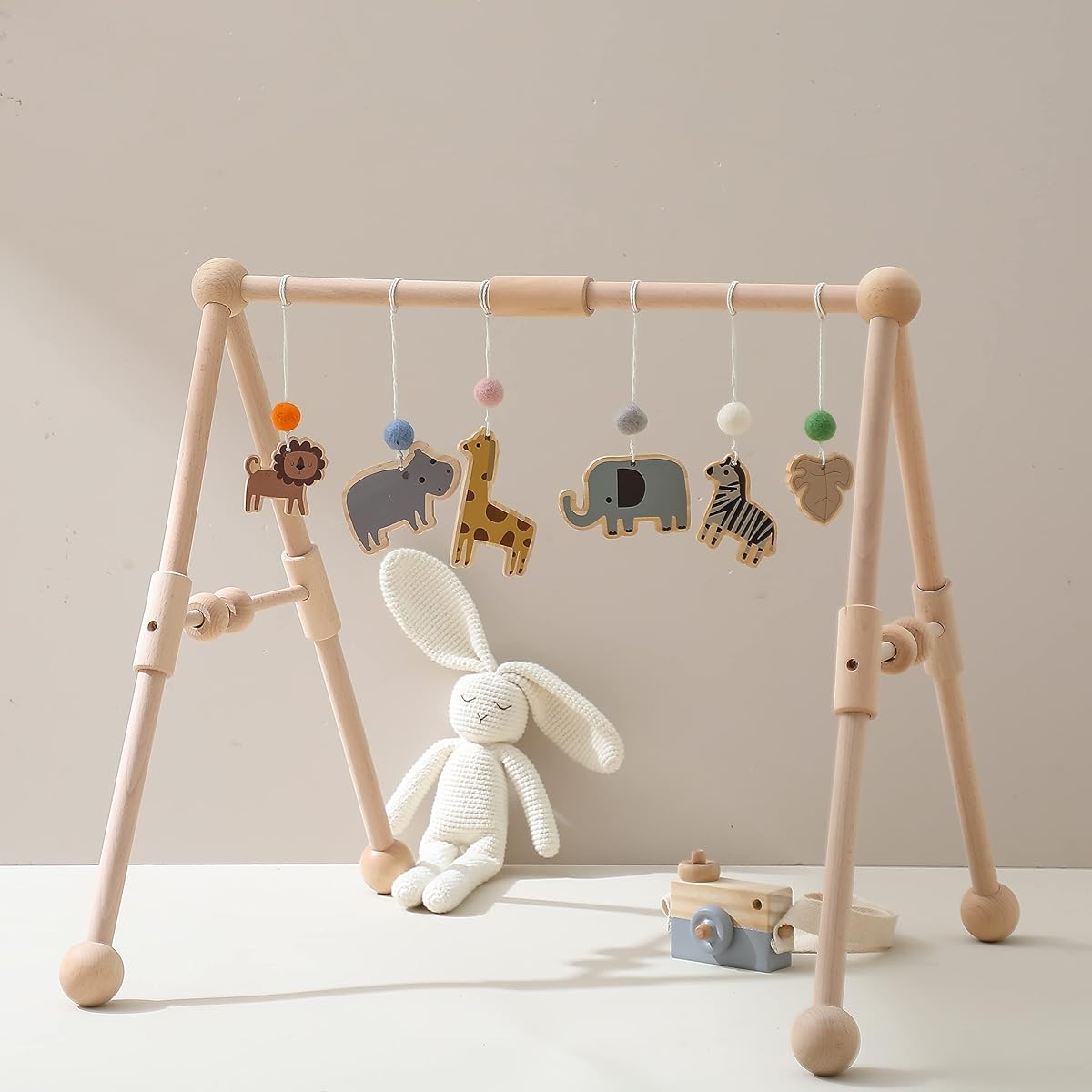 let's make Baby Gym Set Wooden Play Gym Newborn 0 months and up Early education Walking, lying face down, sleeping, crawling Educational toys Popular Baby shower Baby products Girls Boys [Baby Gym Set - Grassland Animals]