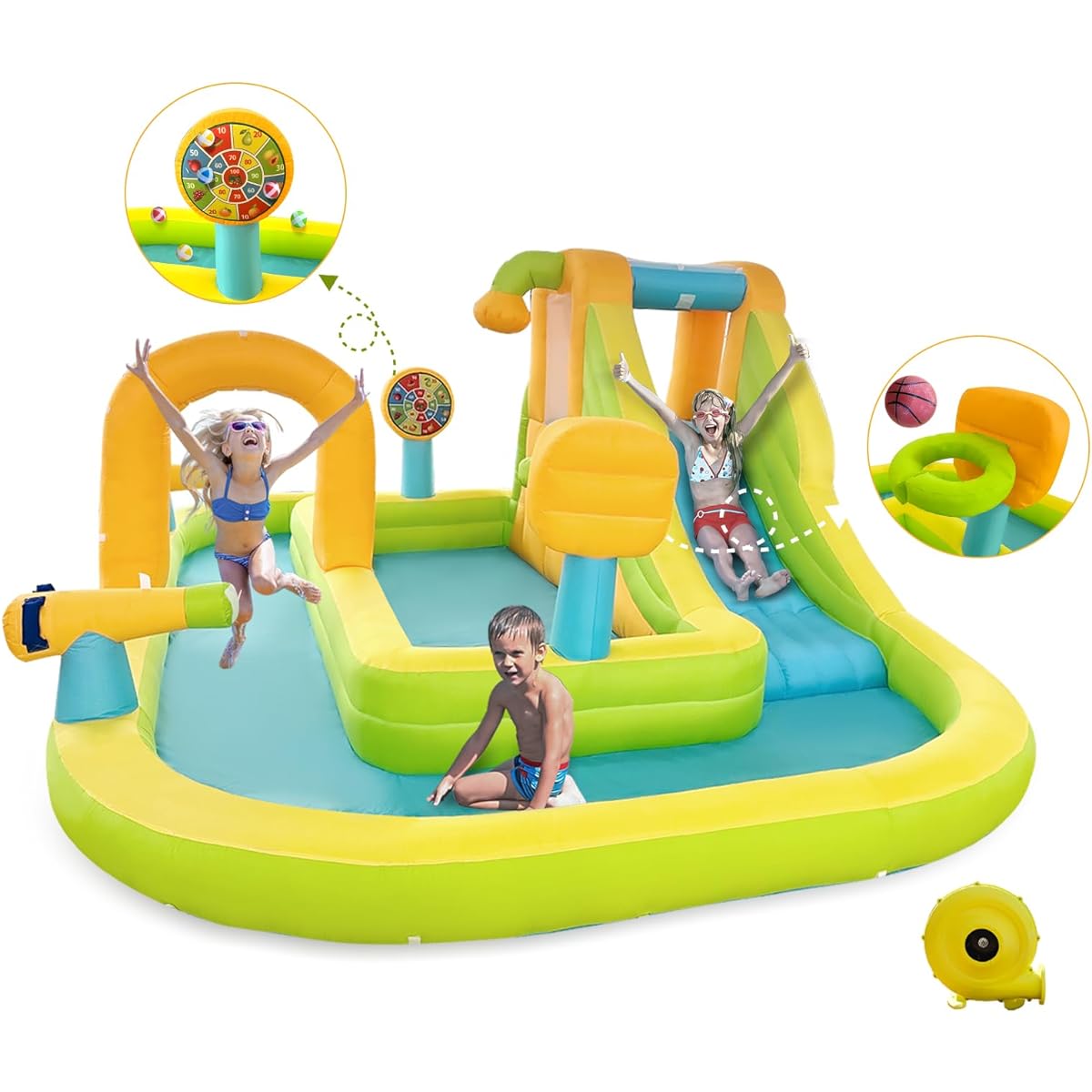 ABYSUP Bounce House with Water Slide 8 in 1 Water Slide Park for Backyard Inflatable Water Slide Wet & Dry Blower Climbing Wall Splash Pool Water Cannon (177x118x65 inches)